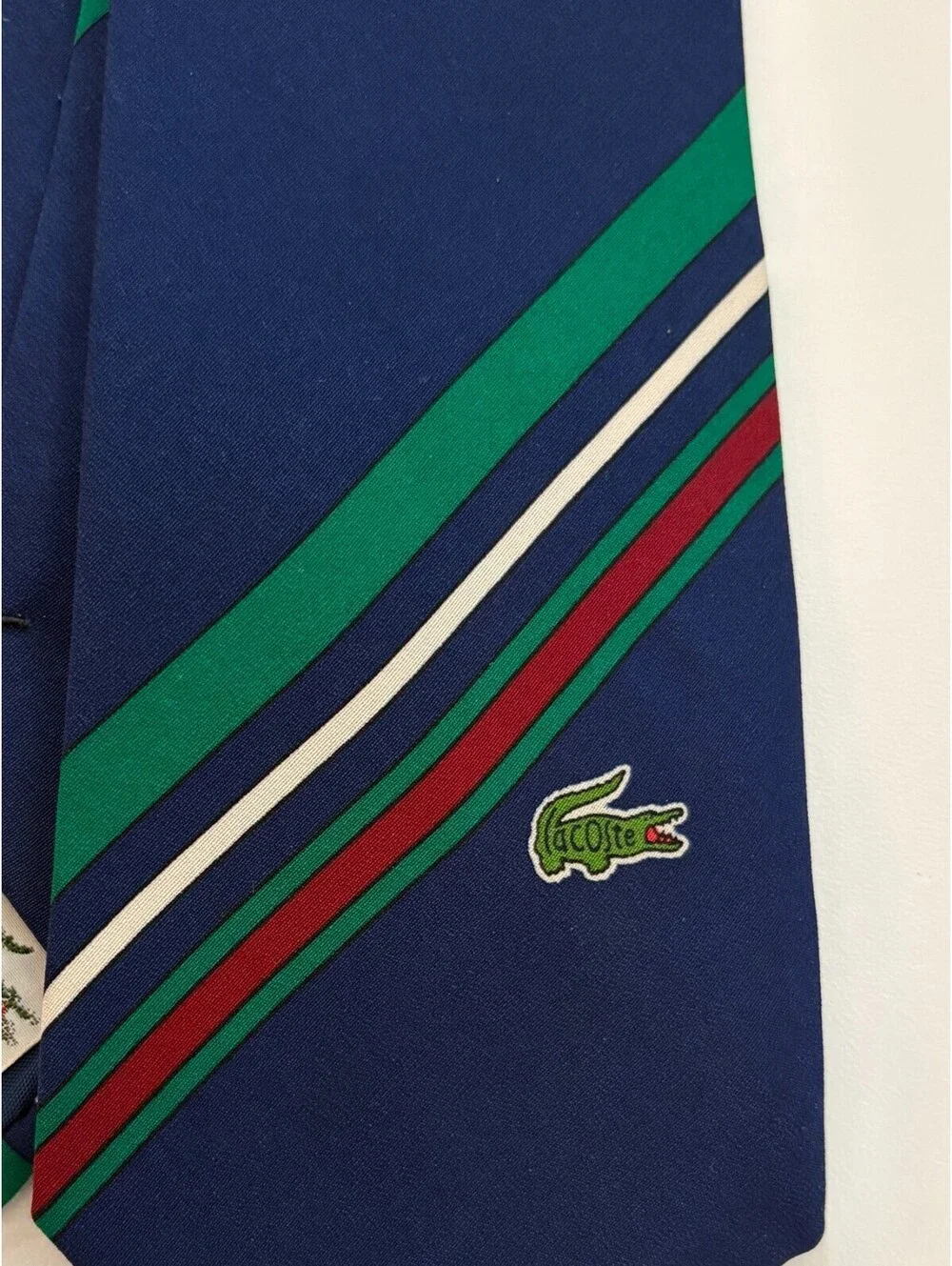 Vintage La Chemise Lacoste Silk Necktie Navy Striped Embroidered Crocodile Japan
